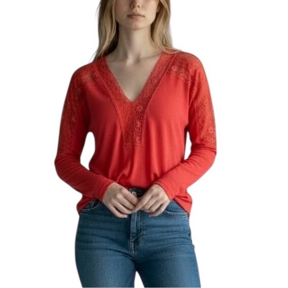 Free People Lola Cotton blend Tunic Top w/ lovely Lace Accents XL Crimson Rose 🌹